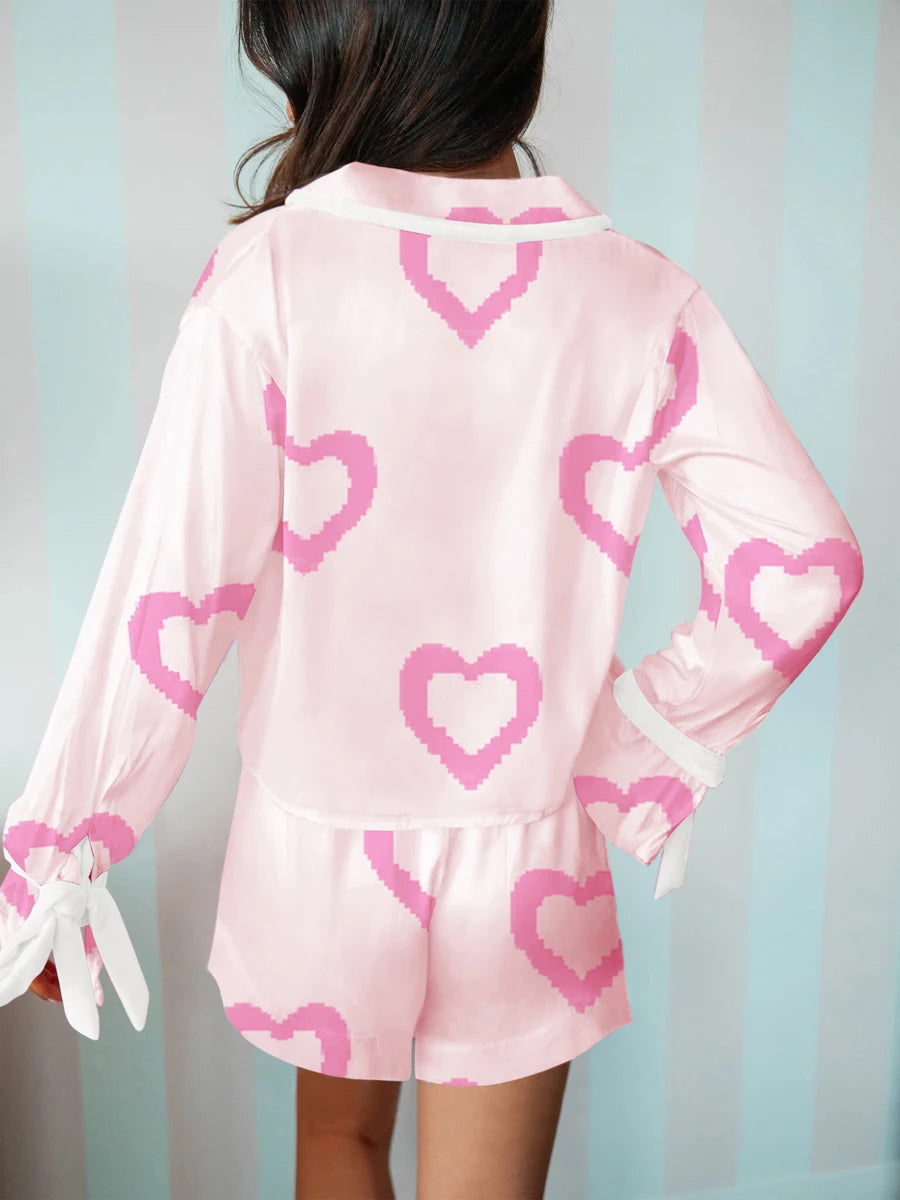 Women Valentine s Day Lounge Set Long Sleeve Heart Print Shirt Drawstring Shorts Sleepwear