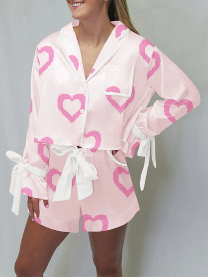 Women Valentine s Day Lounge Set Long Sleeve Heart Print Shirt Drawstring Shorts Sleepwear