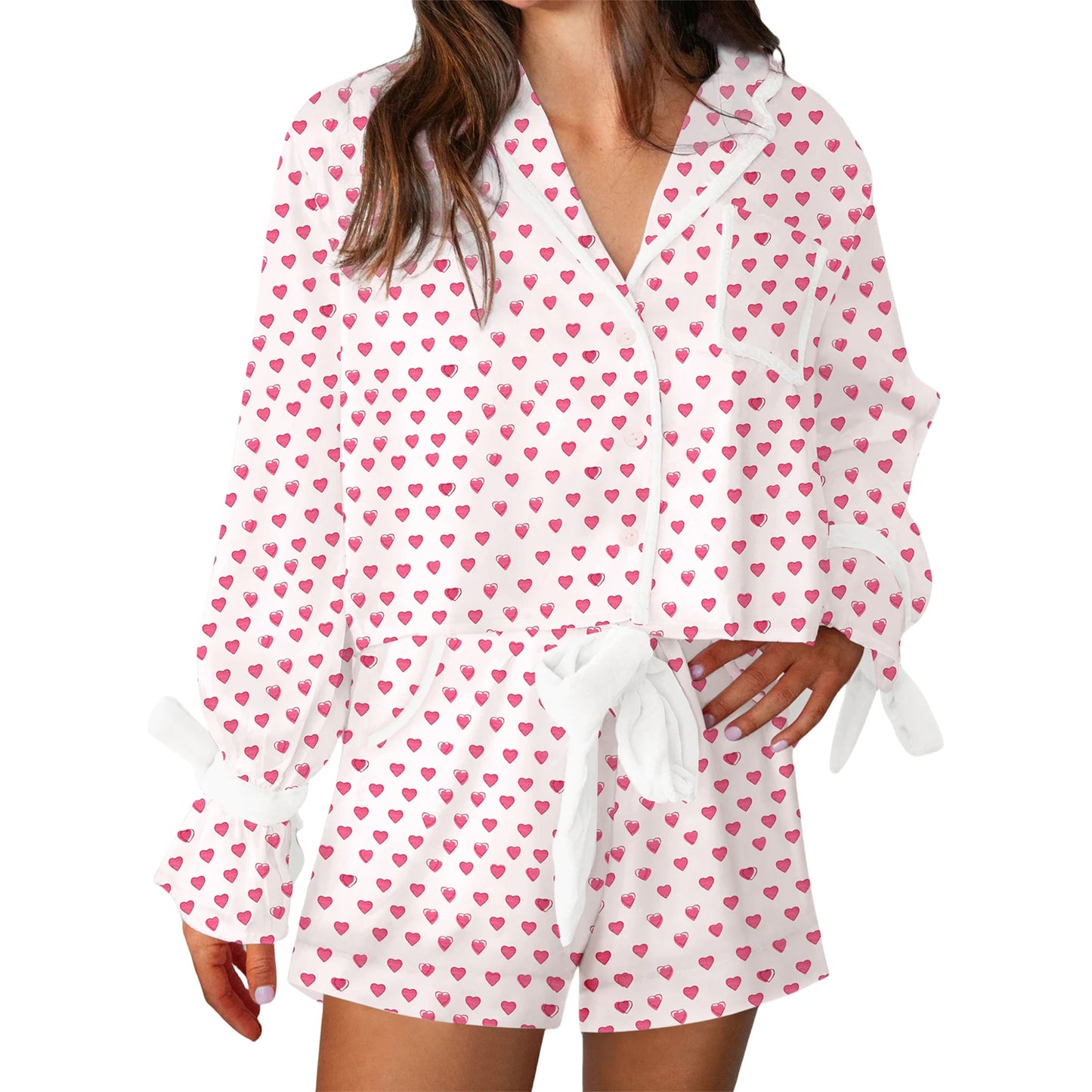 Women Valentine s Day Lounge Set Long Sleeve Heart Print Shirt Drawstring Shorts Sleepwear