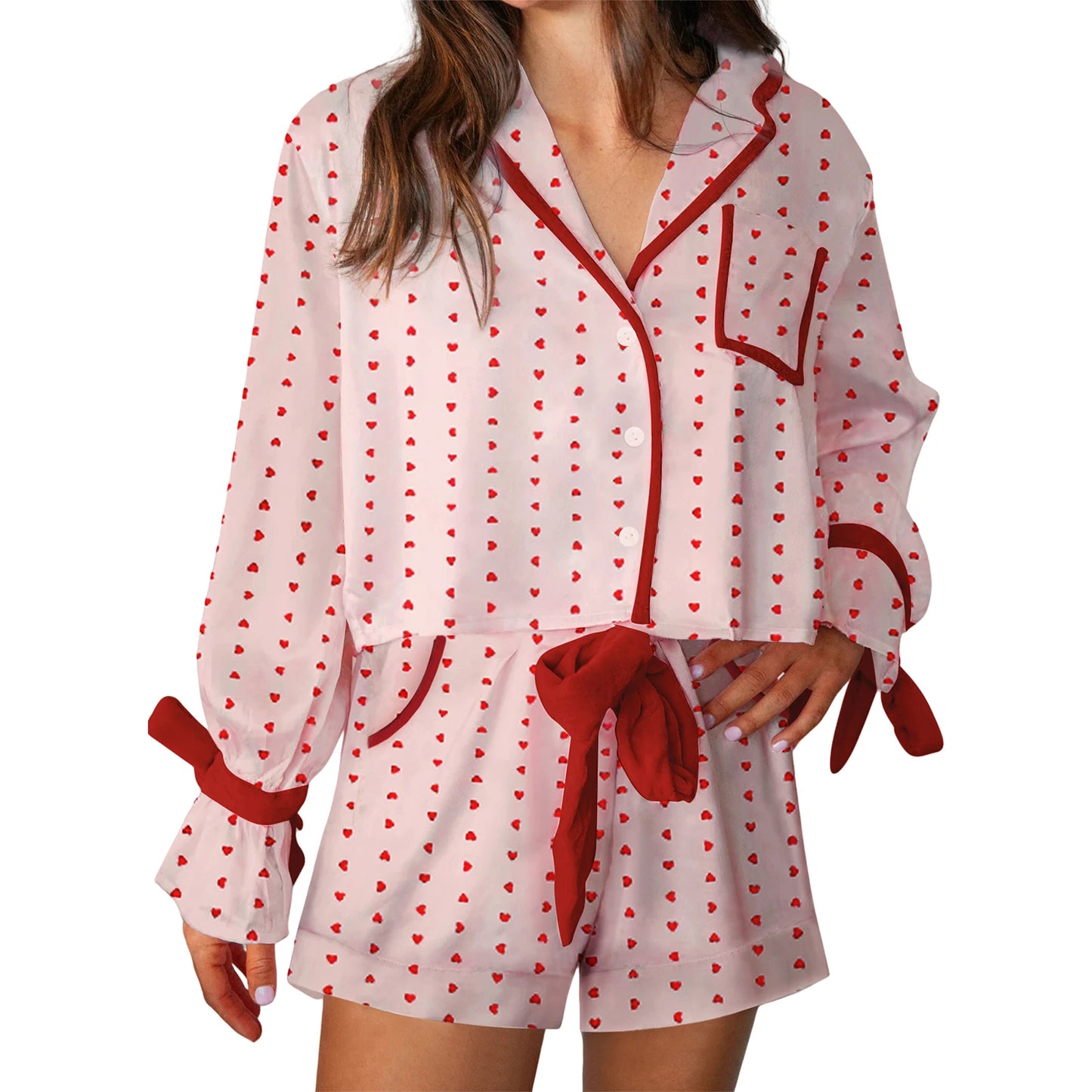 Women Valentine s Day Lounge Set Long Sleeve Heart Print Shirt Drawstring Shorts Sleepwear