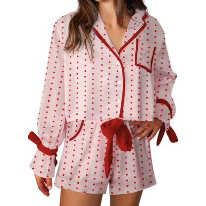 Women Valentine s Day Lounge Set Long Sleeve Heart Print Shirt Drawstring Shorts Sleepwear