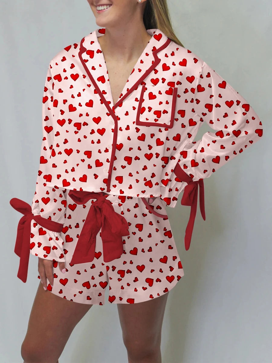 Women Valentine s Day Lounge Set Long Sleeve Heart Print Shirt Drawstring Shorts Sleepwear