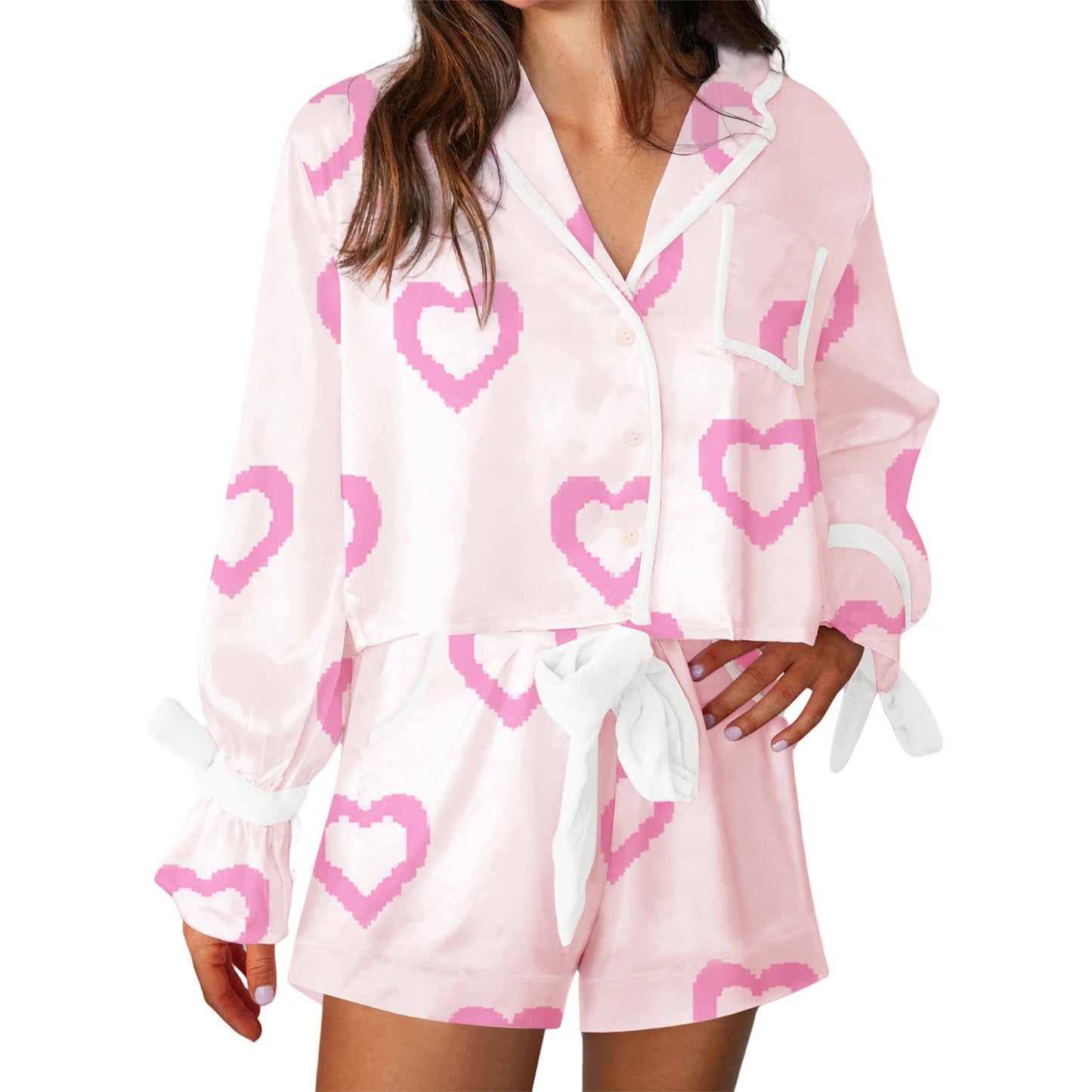 Women Valentine s Day Lounge Set Long Sleeve Heart Print Shirt Drawstring Shorts Sleepwear