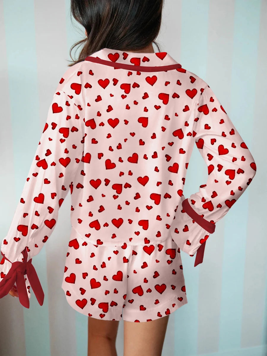 Women Valentine s Day Lounge Set Long Sleeve Heart Print Shirt Drawstring Shorts Sleepwear