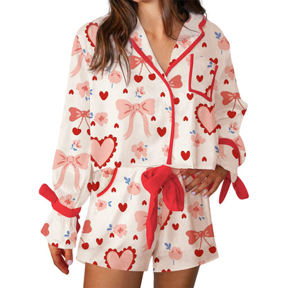 Women Valentine s Day Lounge Set Long Sleeve Heart Print Shirt Drawstring Shorts Sleepwear