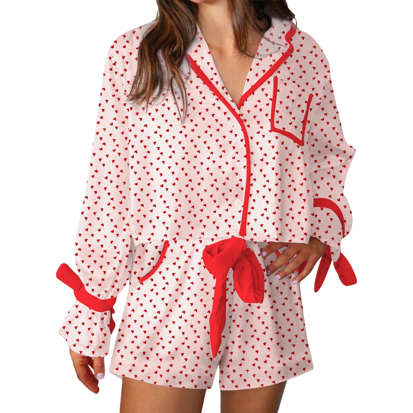 Women Valentine s Day Lounge Set Long Sleeve Heart Print Shirt Drawstring Shorts Sleepwear