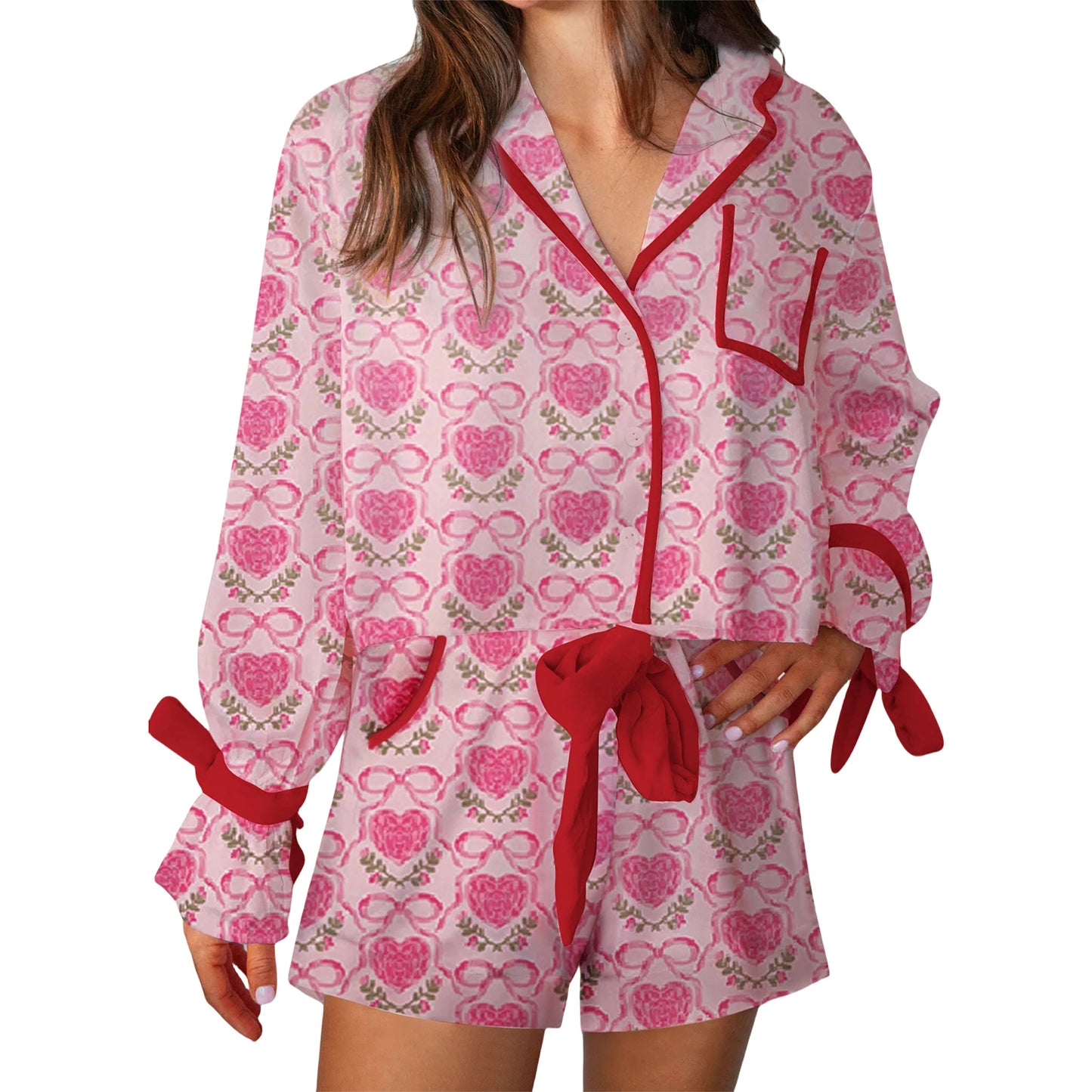 Women Valentine s Day Lounge Set Long Sleeve Heart Print Shirt Drawstring Shorts Sleepwear