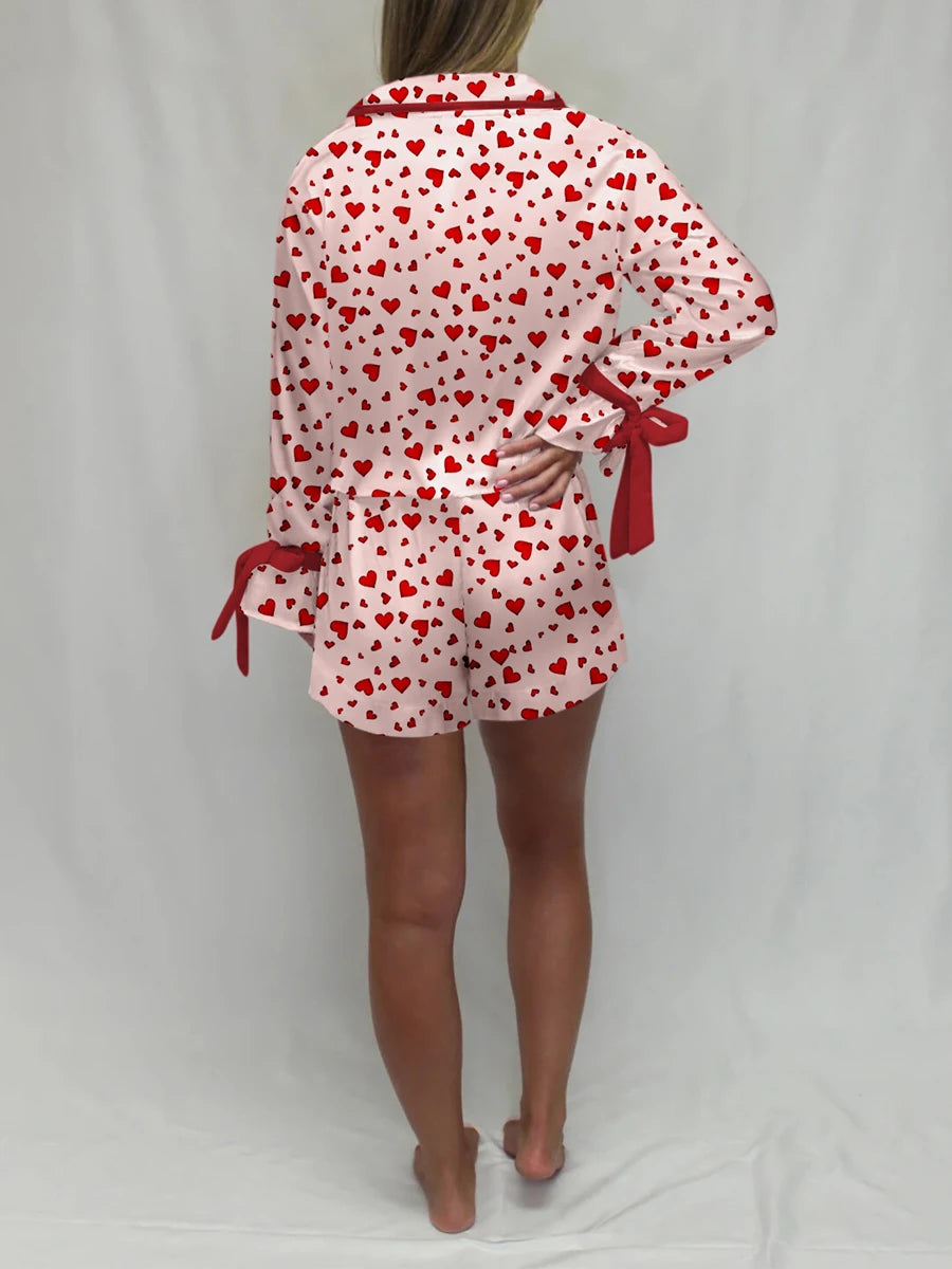 Women Valentine s Day Lounge Set Long Sleeve Heart Print Shirt Drawstring Shorts Sleepwear