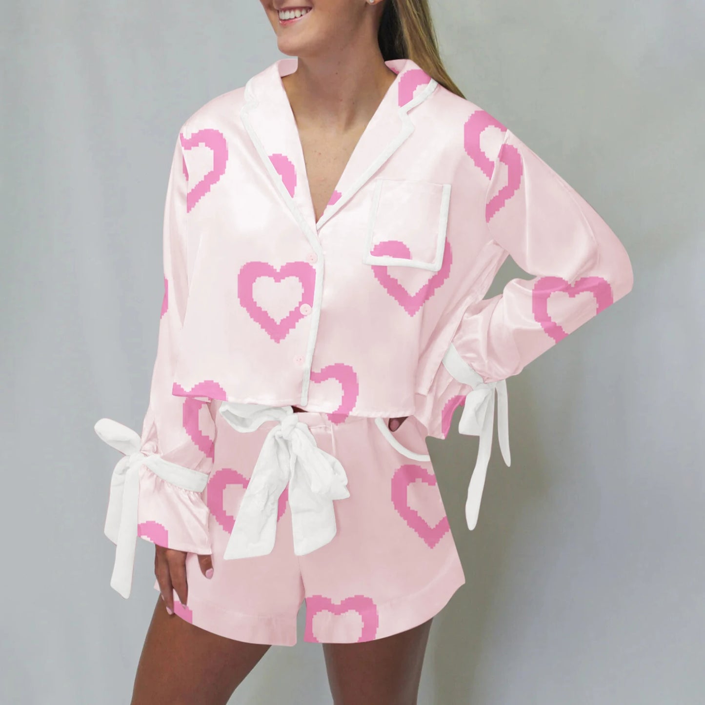 Women Valentine s Day Lounge Set Long Sleeve Heart Print Shirt Drawstring Shorts Sleepwear