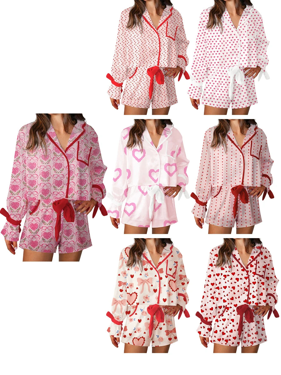 Women Valentine s Day Lounge Set Long Sleeve Heart Print Shirt Drawstring Shorts Sleepwear