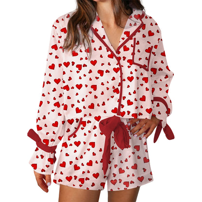 Women Valentine s Day Lounge Set Long Sleeve Heart Print Shirt Drawstring Shorts Sleepwear